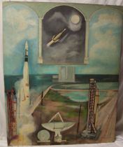 F** Weston - oil on canvas Abstract space scene with rockets, signed and dated 1968,