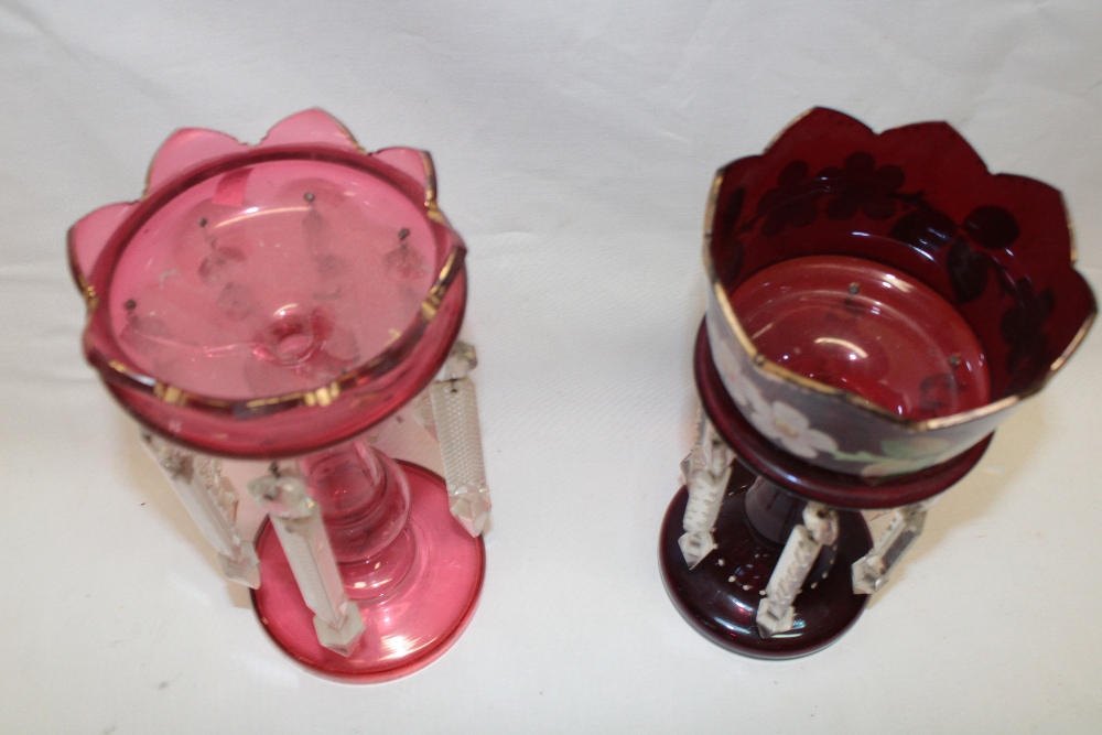 A cranberry tinted glass table lustre with lozenge droplet decoration, - Image 2 of 2