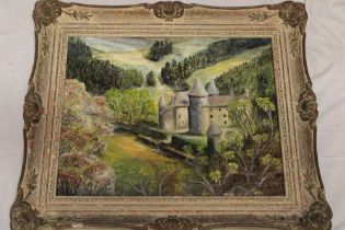 T** Davis - oil on board Valley scene with castle, signed,