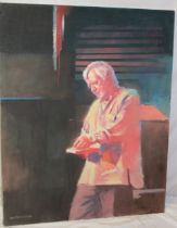 Brian Denington - oil on canvas/board Three-quarter length self portrait of the artist at work,