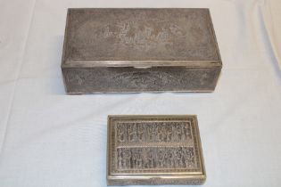 A Middle Eastern silvered rectangular table box, the lid and sides decorated with classical figures,