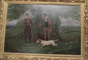 S**Henson - oil on canvas A country shooting gentleman and gamekeeper with two dogs, signed,
