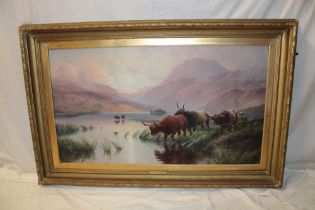 H** R** Hall - oil on canvas "Loch Katrine Sunset - Highland Cattle Drinking", signed,