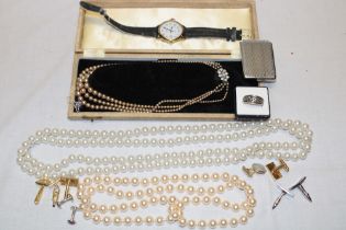 Various costume jewellery including pearl necklaces, Celtic silver dress ring, cuff links etc.