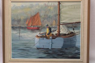 David Rylance - oil on canvas Cornish fishermen in boats, signed,