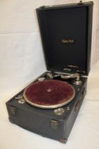 An Edison Bell Electron portable gramophone with chromium plated mounts in black fibre case