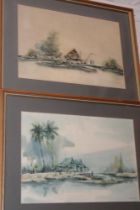 Artist unknown - watercolours A pair of Eastern river scenes with figures, one indistinctly signed,