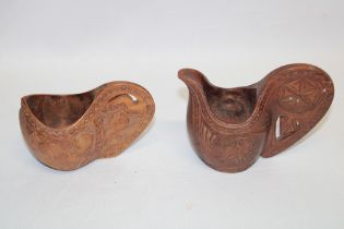 Two old Nordic carved wood marriage jugs 4 1/2" and 3 1/2" high
