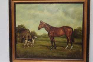 T** Wilkins - oil on canvas A brown horse and hound in a paddock, signed,