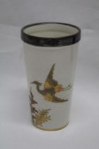 A Royal Worcester china tapered beaker/vase with gilt crane and foliage decoration on cream ground