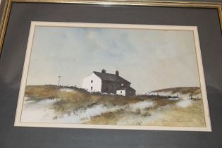 Jan Clutterbuck - watercolour "House on the Moors", signed, labelled to verso,