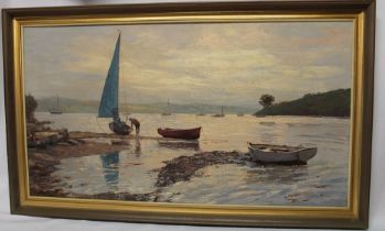 Nancy Bailey - oil on canvas River Fal scene with boats in the foreground, signed,