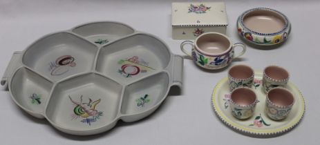 A selection of Poole pottery including six-section hors d'ourves dish, rectangular table box,