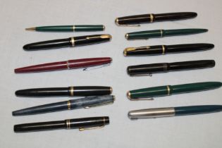 A selection of various fountain pens and pencils including Parker, Onoto etc.