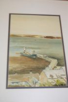 R** W** S** - watercolour Mousehole Harbour with cargo boat, signed with initials and dated '38,