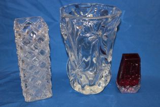 A Whitefriars ruby tinted glass tapered vase with bark decoration 5" high,