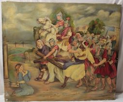 F** Weston - oil on canvas Crucifixion scene with numerous figures, signed and dated 1961,