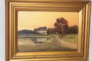 John White - oil on canvas Country scene with figure and sheep, signed,