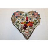 A First War soldier's valentine heart pincushion decorated with beads and Union Jack panels