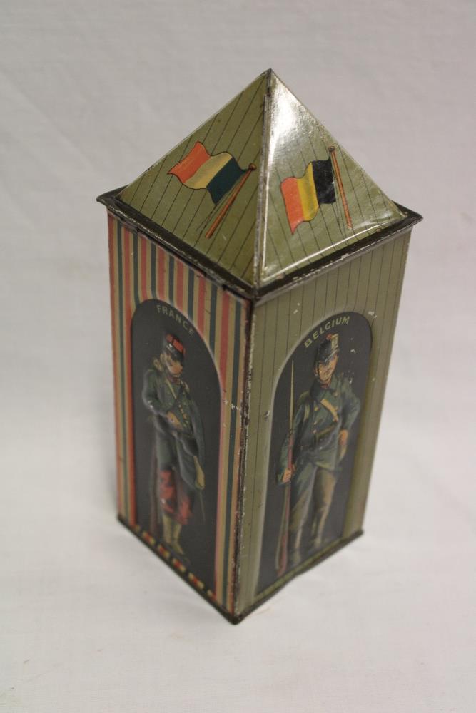 A rare First War Huntley & Palmers sentry box biscuit tin depicting soldiers from England, Russia, - Image 2 of 2