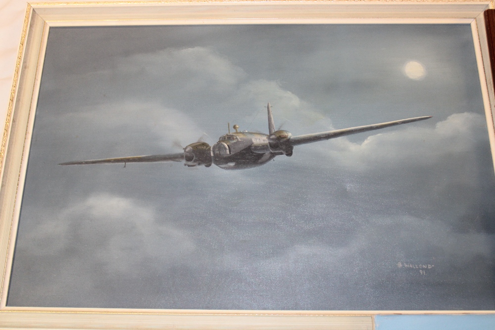A large oil painting on canvas of a Wellington Bomber by B Wallond,