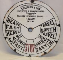 An old enamelled circular slate mine incline sign by Chadburn's Telegraph Co. Ltd.