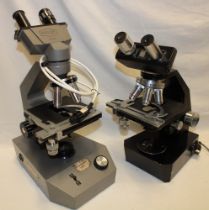 A binocular microscope by Gilbert & Sievers and one other binocular microscope by Prior (both