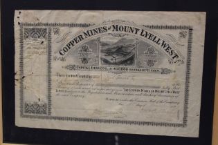 An 1899 share certificate for "The Coper Mines of Mount Lyell West Limited" for 100 shares,