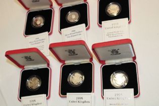 Six United Kingdom silver Piedfort proof £2 coins including 1994, 1995 etc.