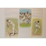 A framed display of three limited edition cricket prints,