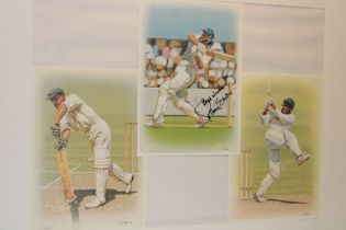 A framed display of three limited edition cricket prints,