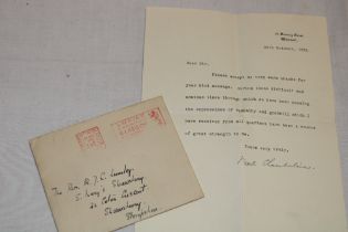 An original letter from 10 Downing Street dated 1938 signed by Neville Chamberlain with envelope