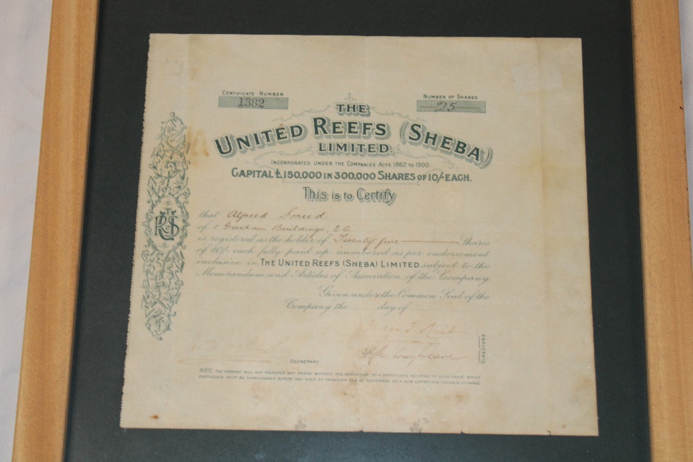 An old share certificate for "The United Reefs (Sheba) Limited Company" for 25 shares,