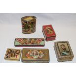 Six various First War era military and commemorative tins including British Grocer's Federation