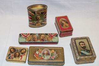 Six various First War era military and commemorative tins including British Grocer's Federation