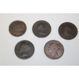 Five 19th century copper pennies including 1807, 1817, 1826,