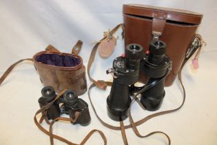 A pair of 8 x 25 stereo-prism binoculars in leather carrying case and a pair of x 7 bino-prism