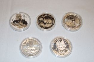 Five silver proof 1oz coins including 2018 South African Krugerrand 1oz silver coin,
