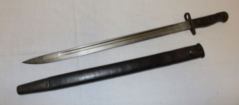 A First War 1907 pattern Lee Enfield bayonet by Wilkinson in steel mounted leather scabbard