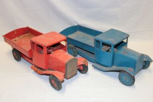 Two old Tri-ang tin-plate tipping open lorries