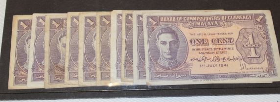 Ten British Colonial Malaya 1 cent bank notes,