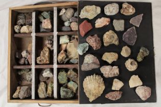 A box containing various mineral samples including amethyst, pyrites, copper ore and others,