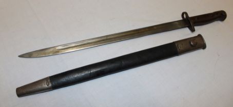 A First War 1907 pattern Lee Enfield bayonet by Wilkinson in steel mounted leather scabbard