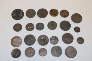 A selection of unusual old copper coins with counter-marked stampings and designs