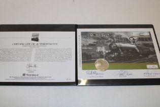 A limited-edition Flying Scotsman coin cover with silver £5 coin signed by W. McAlpine, F.