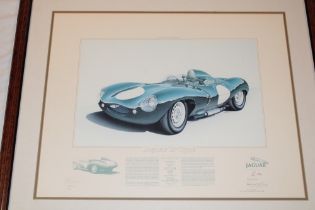 A coloured limited-edition Jaguar D-type print after John Francis, signed by the artist,