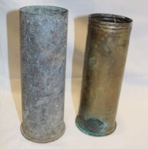 A Japanese brass shell case 9½" high and a First War brass shell case with trench art