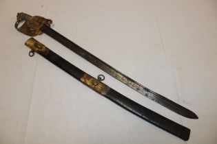 A Georgian Naval Officer's sword with shortened 23" pipe-backed blade in brass mounted part
