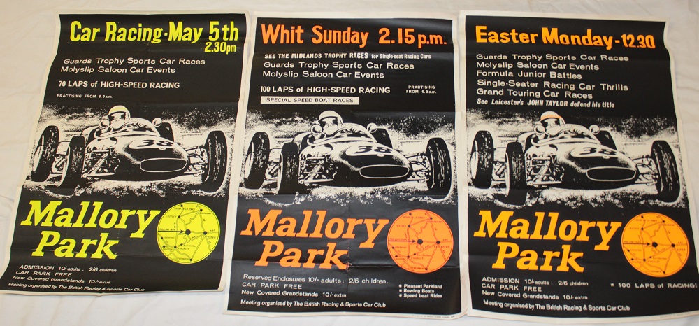 Three 1960/70's Mallory Park Motor Racing posters including "Guards Trophy Sports Car Races" 30" x