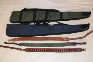 A 12 bore fur, feather and fin leather cartridge belt, one other leather 12 bore cartridge belt,